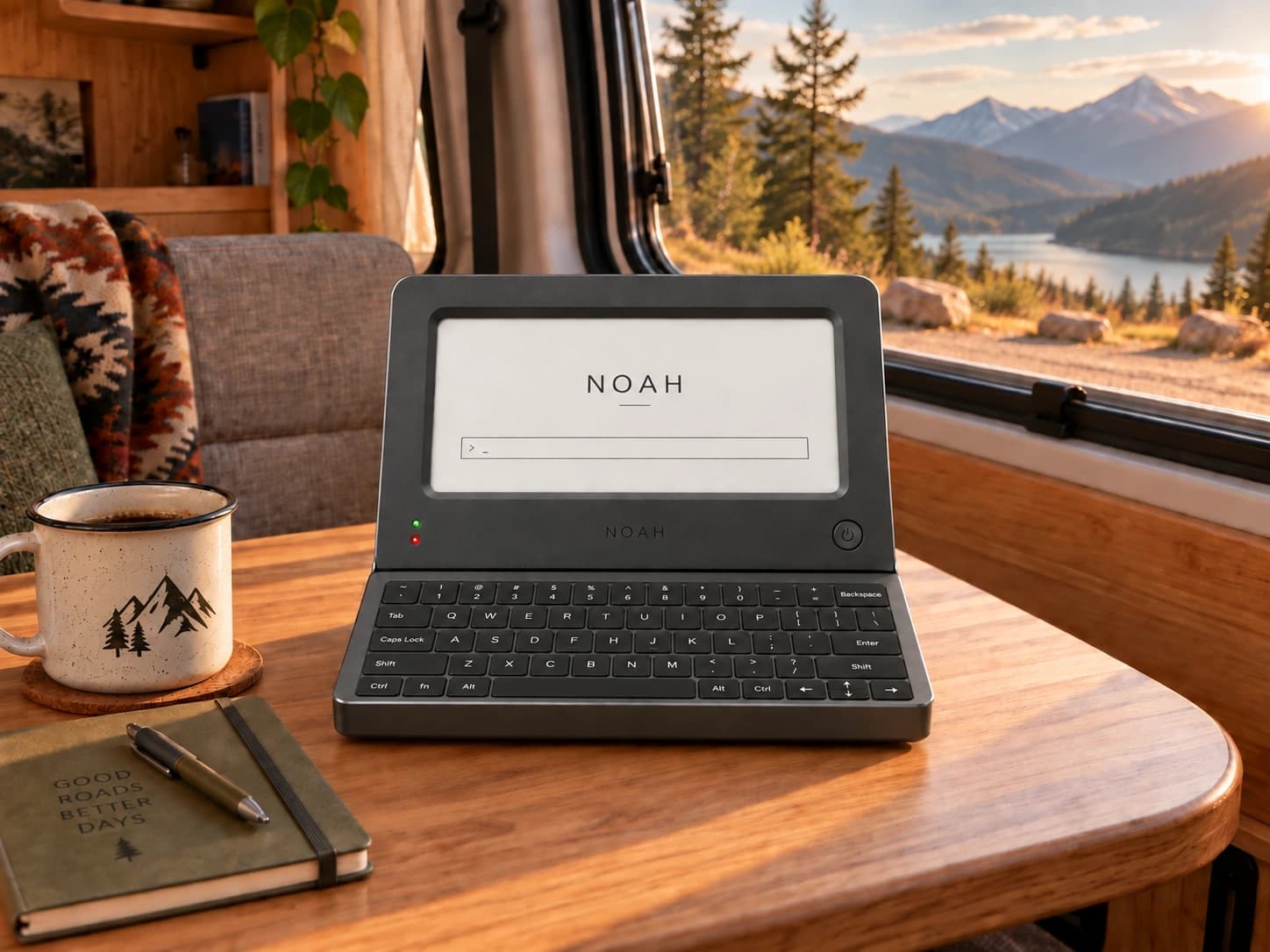 Illustration of Noah inside a campervan