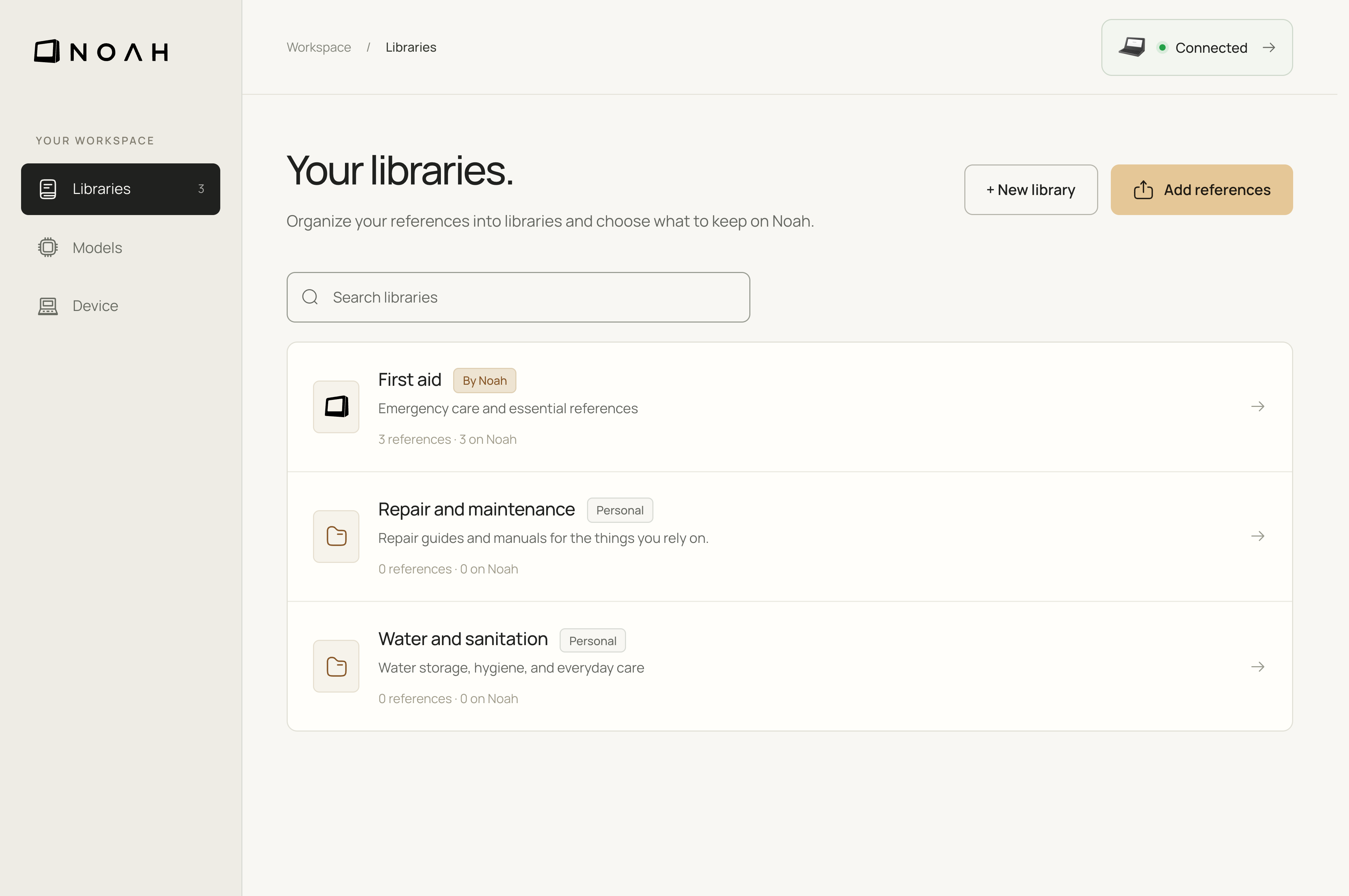 Noah companion preview: Libraries, Models, and Device navigation, a connected Noah, and personal libraries with New library and Add references actions.