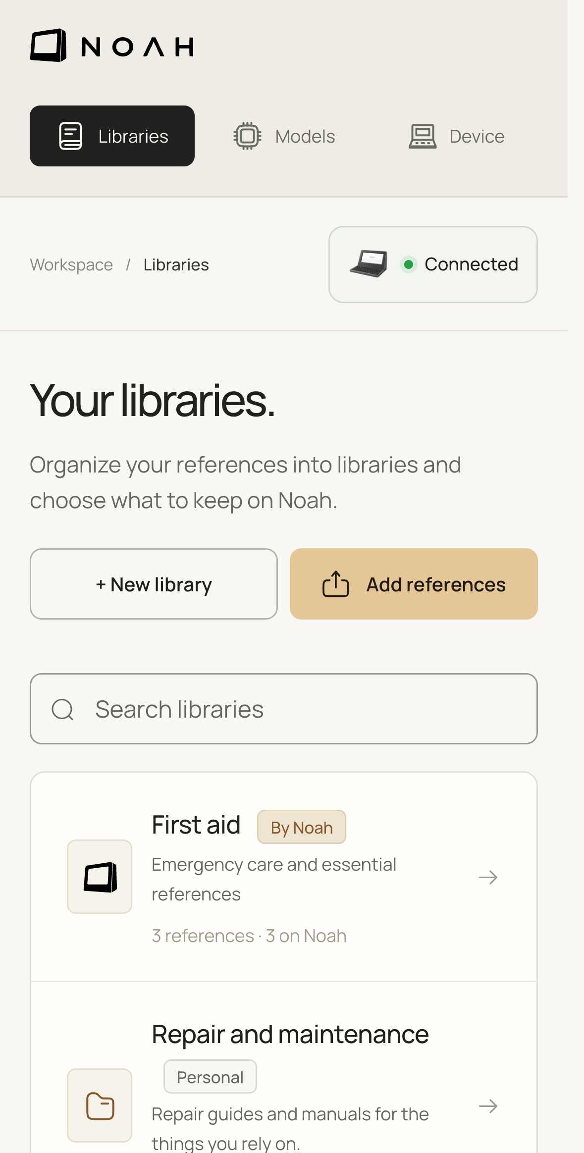 Mobile companion preview showing the same library organization and connection controls.